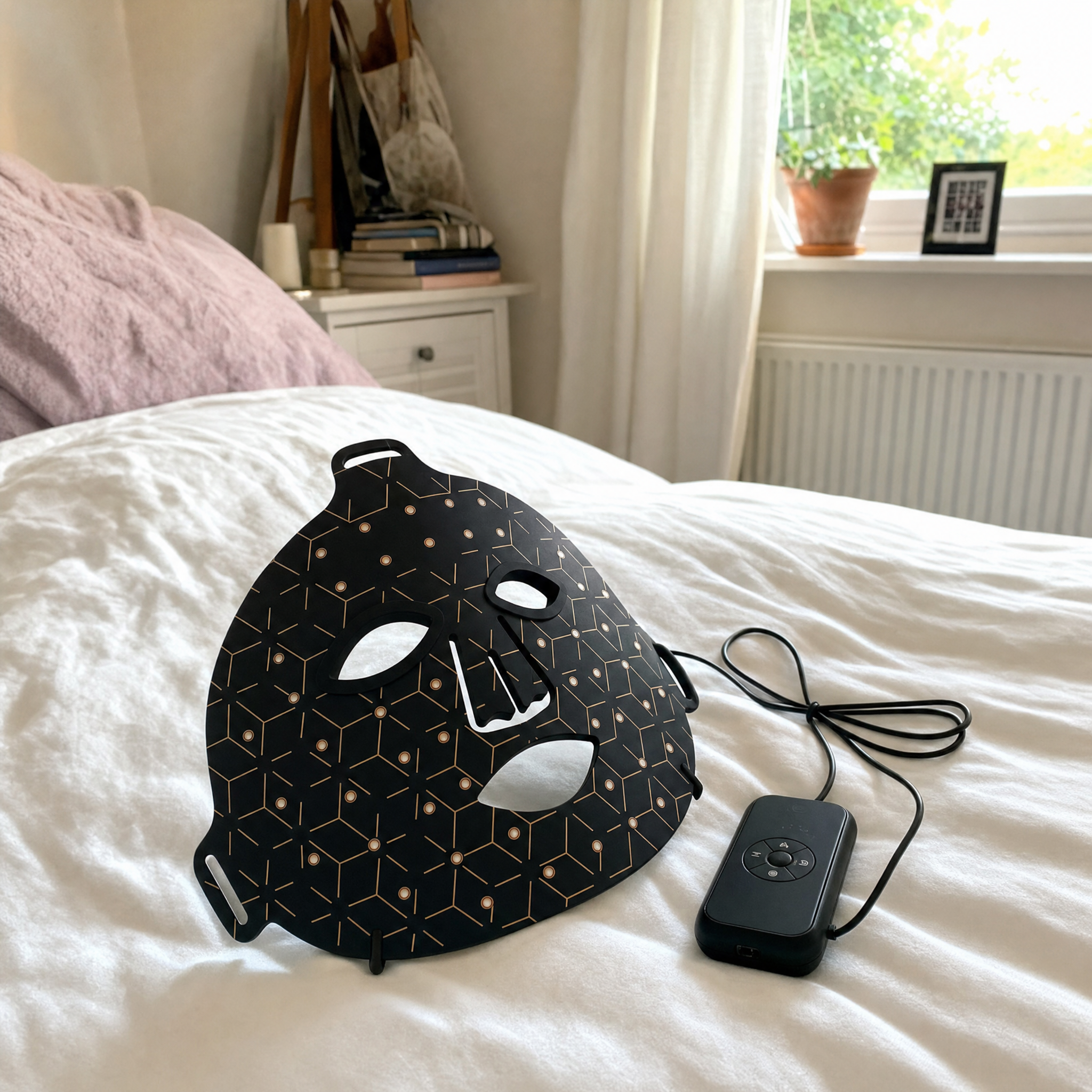 AXVOVA mask resting on a bed